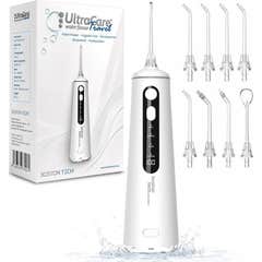 Irrigador Dental ULTRA CARE Sem Fio Portátil Profissional - 8 Pontas - 4 Modos, IPX7 Branco