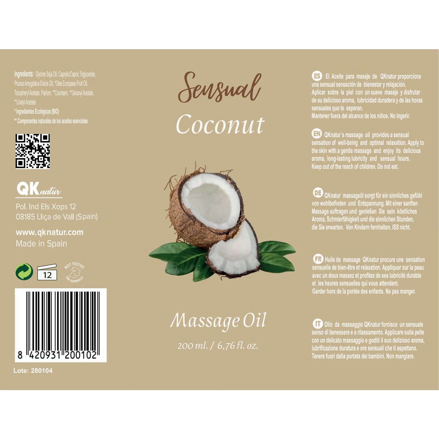 QKnatur Aceite De Masaje Sensual Coco 200 Ml-image