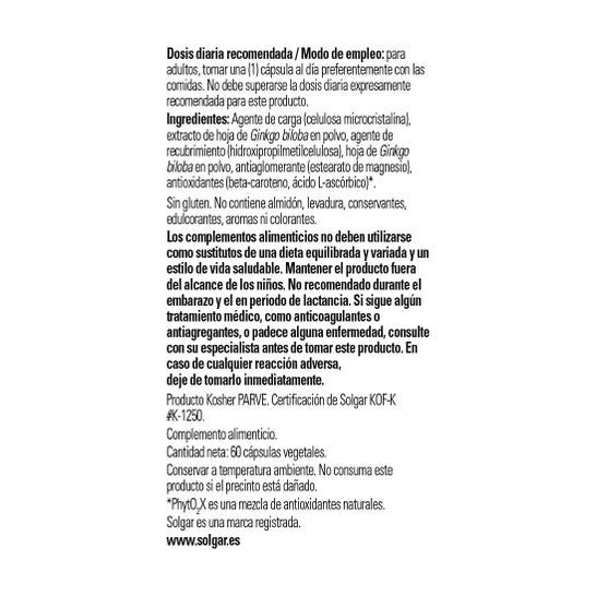 Extrato de Folha Solgar Ginkgo Biloba 60cáps. Vegetal