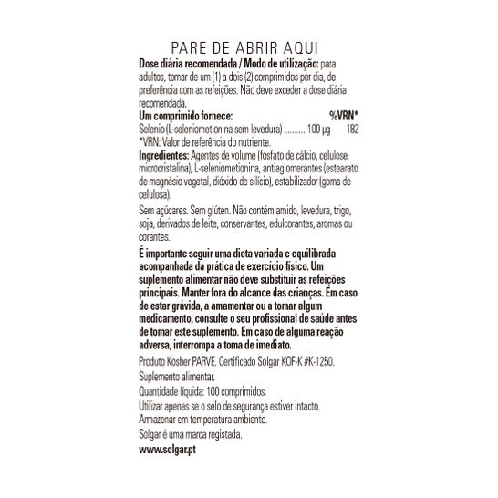 Solgar Selénio 100mg 100mg 100 comprimidos