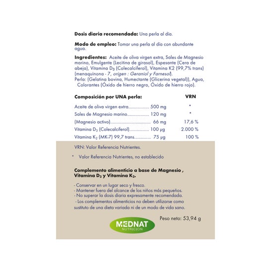 Mednat Vitamina D3+K2+Mg 60 Pérolas