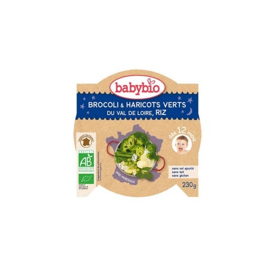 Prato de Boa Noite Babybio Prato de Arroz Orgânico Brócolos e Feijão Verde do Vale do Loire 230g