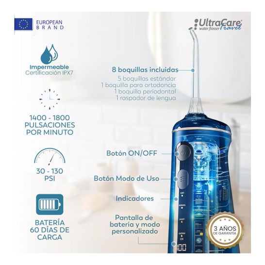 Irrigador Dental ULTRA CARE Sem Fio Portátil Profissional - 8 Pontas - 4 Modos, IPX7 Branco
