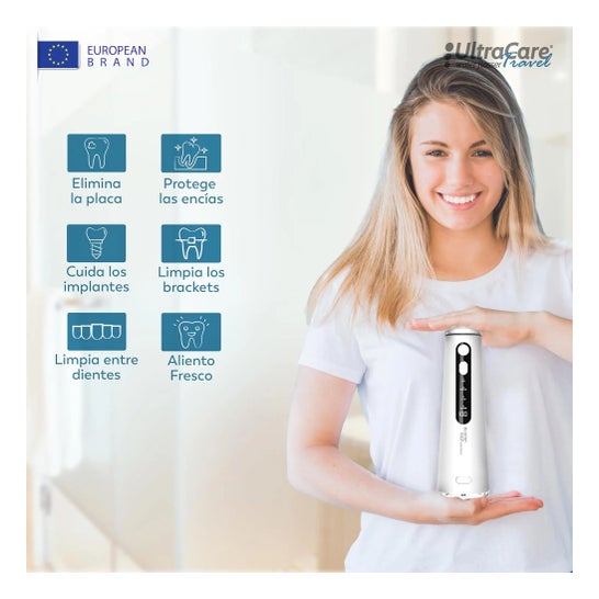 Irrigador Dental ULTRA CARE Sem Fio Portátil Profissional - 8 Pontas - 4 Modos, IPX7 Branco