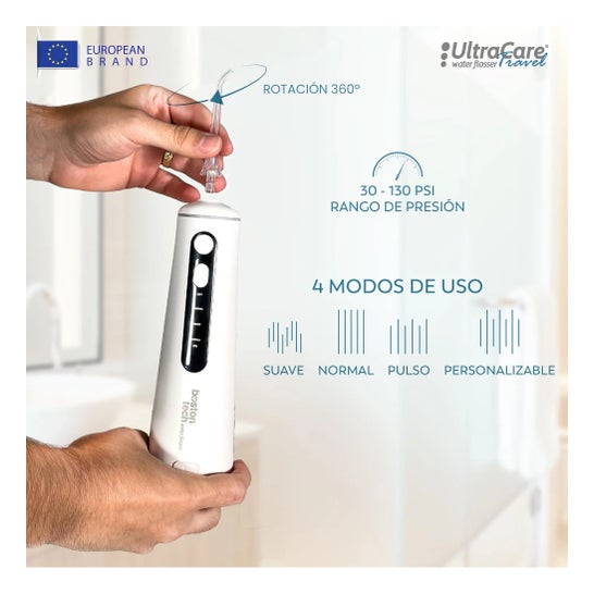 Irrigador Dental ULTRA CARE Sem Fio Portátil Profissional - 8 Pontas - 4 Modos, IPX7 Branco