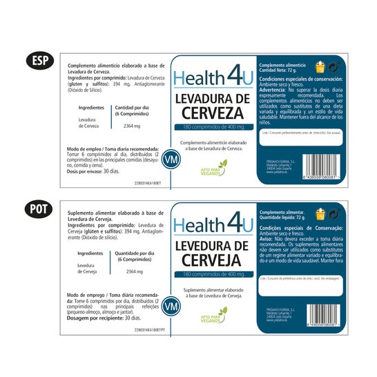 H4U levadura de cerveza 180 comprimidos de 400 mg HEALTH4U, 180 compr
