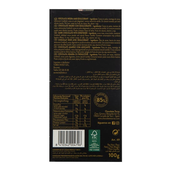 Chocolate Preto Torras 85% Zero 100g