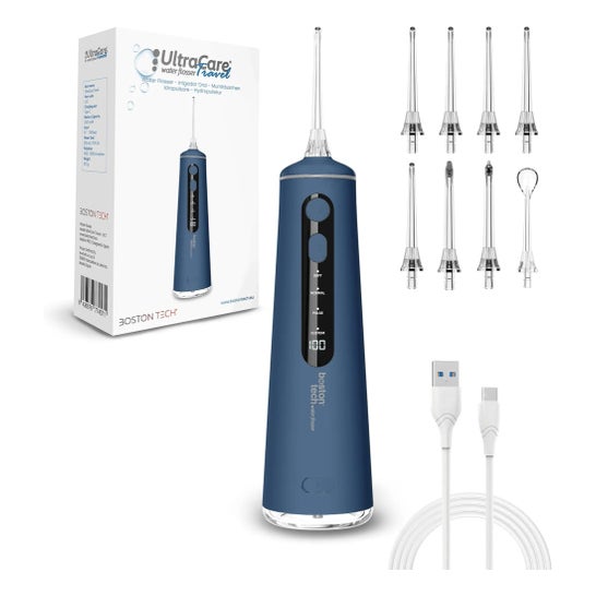 Irrigador Dental ULTRA CARE Sem Fio Portátil Profissional - 8 Pontas - 4 Modos, IPX7 Azul