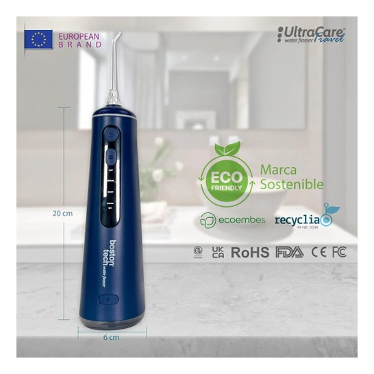 Irrigador Dental ULTRA CARE Sem Fio Portátil Profissional - 8 Pontas - 4 Modos, IPX7 Azul