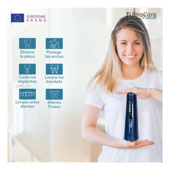 Irrigador Dental ULTRA CARE Sem Fio Portátil Profissional - 8 Pontas - 4 Modos, IPX7 Azul