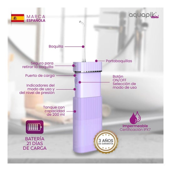 AquaPik Kit Mini Irrigador Bucal Portátil Viagens Carga Usb Roxo