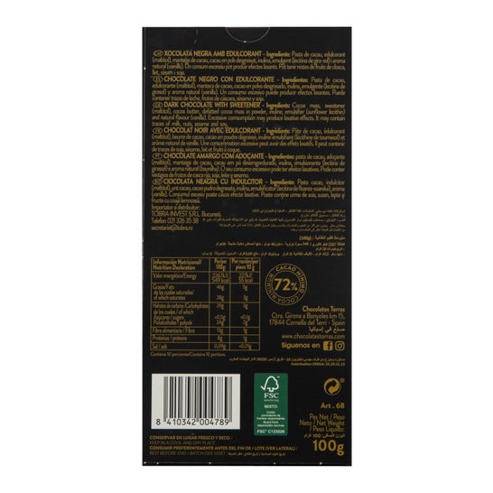 Black Chocolate Torras 72% Zero 100g