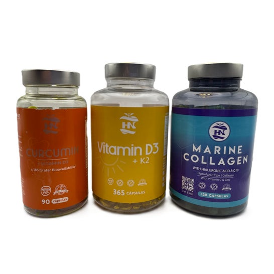 HN Pack Vitamina D3 365 caps + Colagénio 120 caps + Curcuma 90 caps