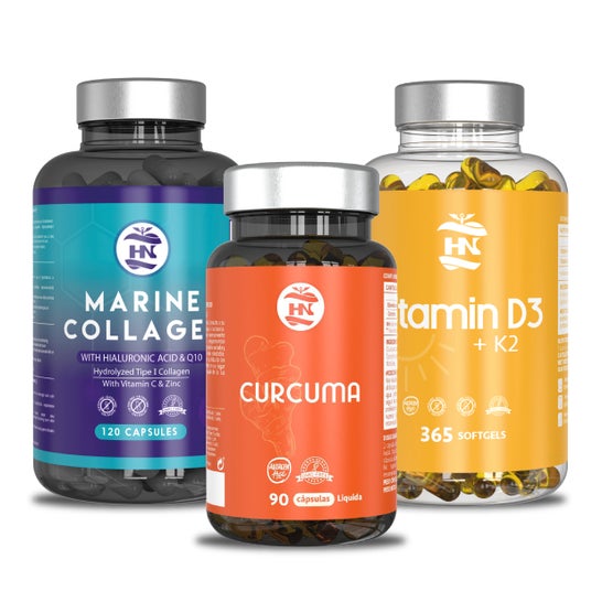 HN Pack Vitamina D3 365 caps + Colagénio 120 caps + Curcuma 90 caps