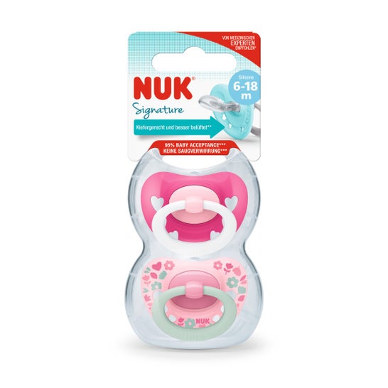 Nuk Signature Pack Chupetas de silicone 6-18m Corações cor-de-rosa 2 peças