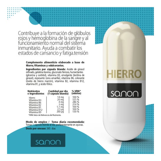 Sanon Hierro+Ácido Fólico+ Vitamina B12, B1,B2,B3 y B6 365caps