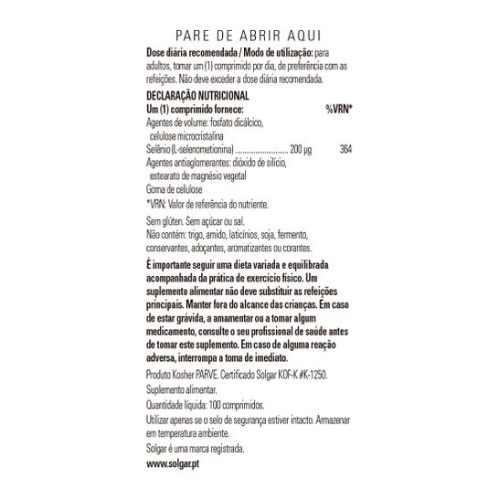 Solgar selênio 200μg sem fermento 100comp.