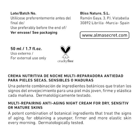 Alma Secret Multi-Repair Night Mosqueta, Escualano e Hyaluronic 50ml Alma Secret Multi-Repair Night Mosqueta, Escualano e Hyaluronic 50ml