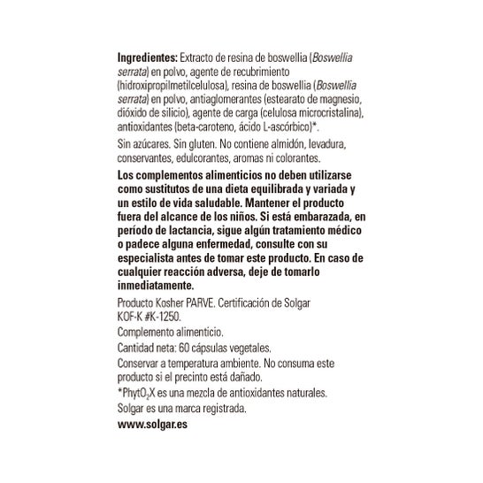 Extrato de Resina Solgar Boswellia 60cáps. Vegetal