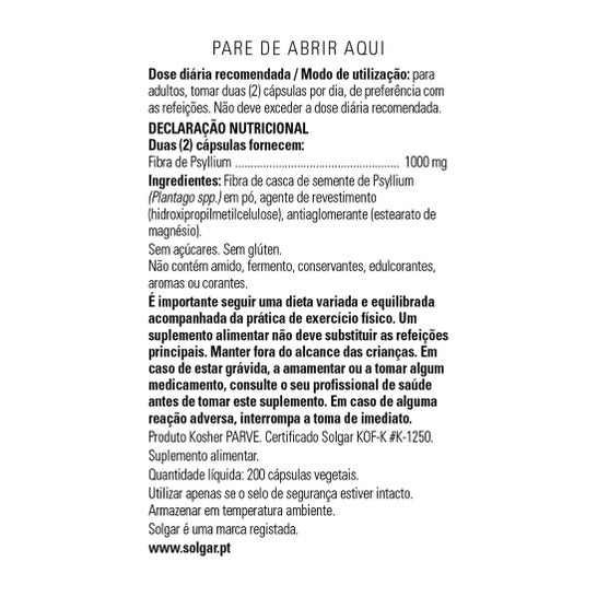 Casca de Fibra Psyllium Solgar 200cáps. Vegetal