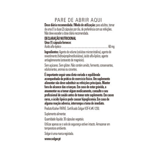 Ácido Solgar Alfa lipóico 60mg 30 cápsulas. Vegetal