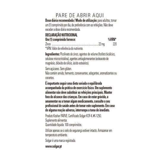 Solgar Zinco Picolinato de Zinco 22mg 100comp