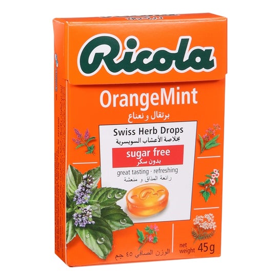 Doces sem açúcar Ricola laranja-menta 50g