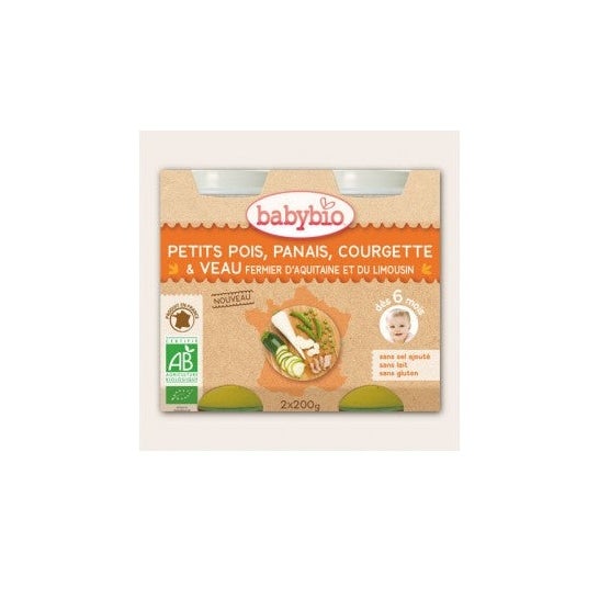 Babybio Pequenas Boiões Menu Pequenas Ervilhas Pastinagas Courgette & Veau Organic ds 6 Meses 2x200g