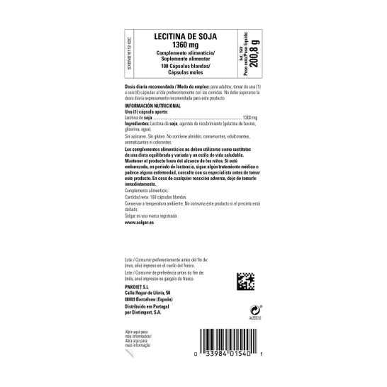 Solgar Lecithin 1360mg 100 cápsulas de gelatina mole