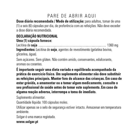 Solgar Lecithin 1360mg 100 cápsulas de gelatina mole