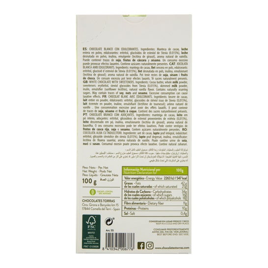 Torras Stevia Chocolate Blanco 100g