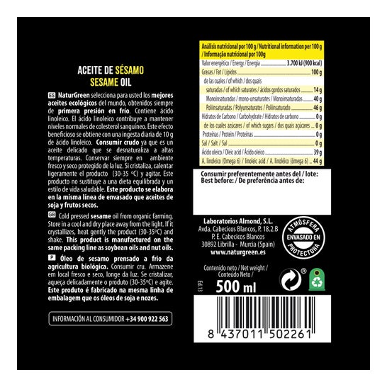 Óleo de Sementes de Abóbora Orgânico Naturgreen 500 Ml