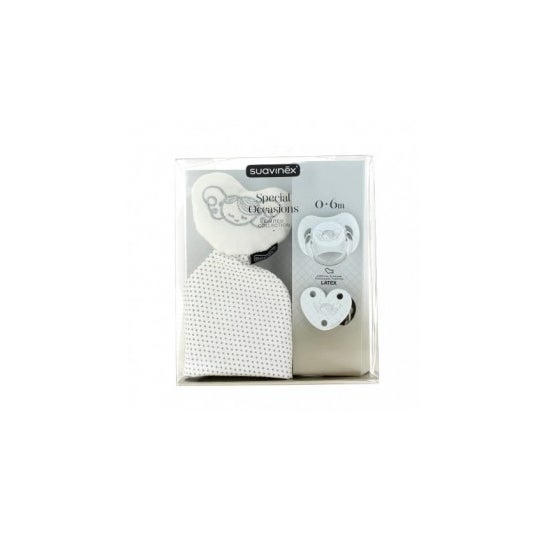 Suavinex ™ Set White chupeta 0-6m latex + clipe Love Clip + urso Doudou