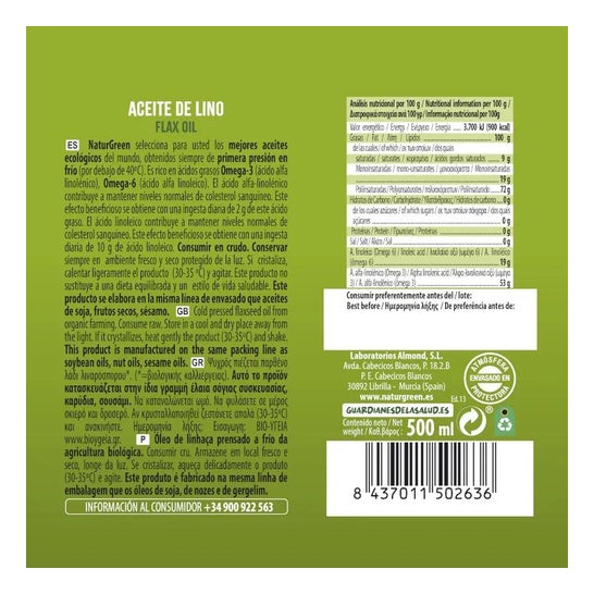 Linho de Óleo Orgânico Naturgreen 500 Ml Linho de Óleo Orgânico Naturgreen 500 Ml