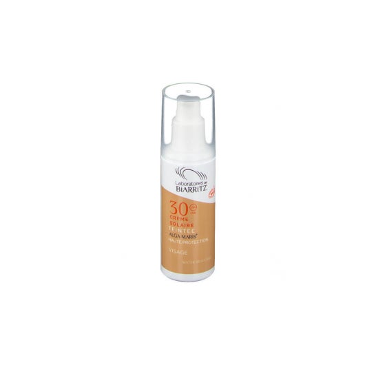 Protector solar Les Laboratoires de Biarritz Algamaris SPF30 com um tom dourado para o rosto certificado como orgânico