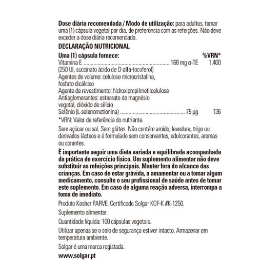 Solgar Vitamina E Con Selenio Sin Levadura 100 Caps