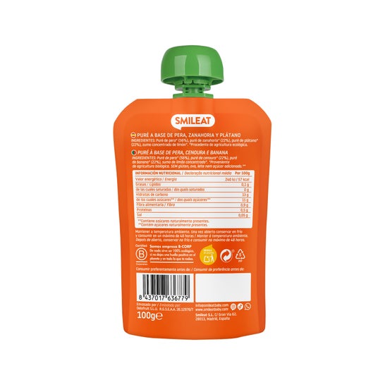 Smileat Pouch Ecológico de Zanahoria Pera y Plátano 100g