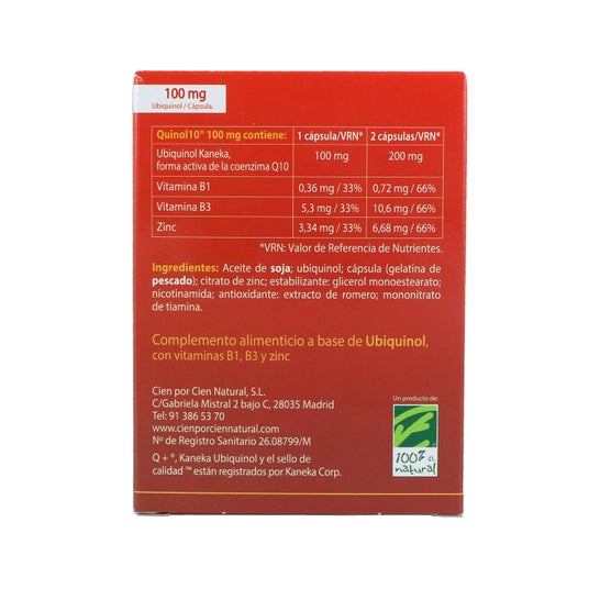 100% Natural Quinol 10 90 cápsulas de 100mg de Ubiquinol