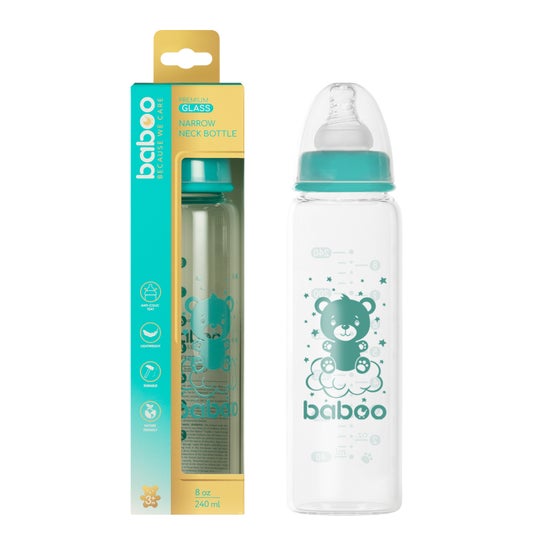 Baboo Mamadeira Vidro Anti-Cólica Estreito +3M 240ml 1 Unidade